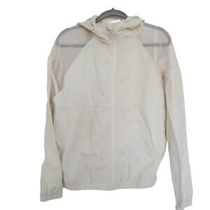 Mono B Off-White Nylon Mesh Design Full Zip Hooded Jacket Women Sz Small